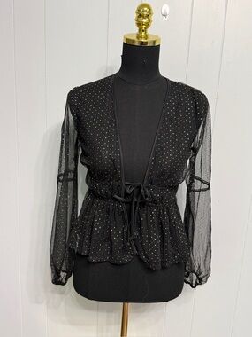 Women’s Black Sheer Peplum Blouse with Gold Dot Detail